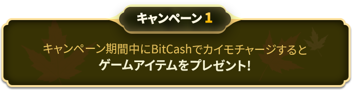 キャンペーン1 キャンペーン期間中にBitCashでカイモチャージすると豪華ゲームアイテムをプレゼント